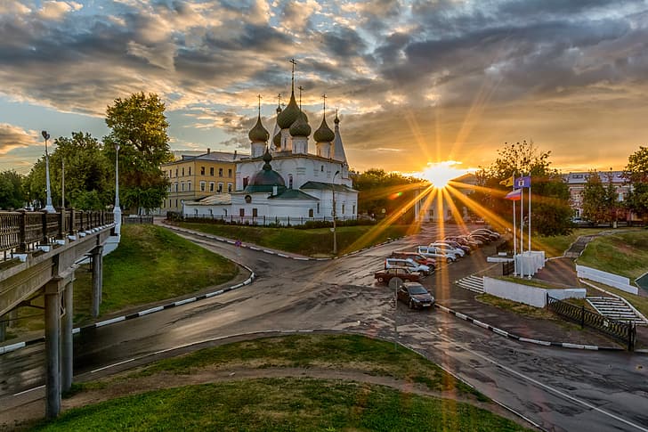 el sol, los rayos, el puente, la ciudad, el camino, la mañana, el templo, Yaroslavl, Fondo de pantalla HD