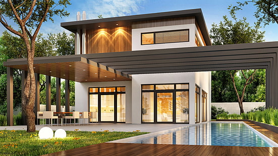 árvores, projeto, casa, gramado, villa, piscina, moderna, casas, luxo, HD papel de parede HD wallpaper