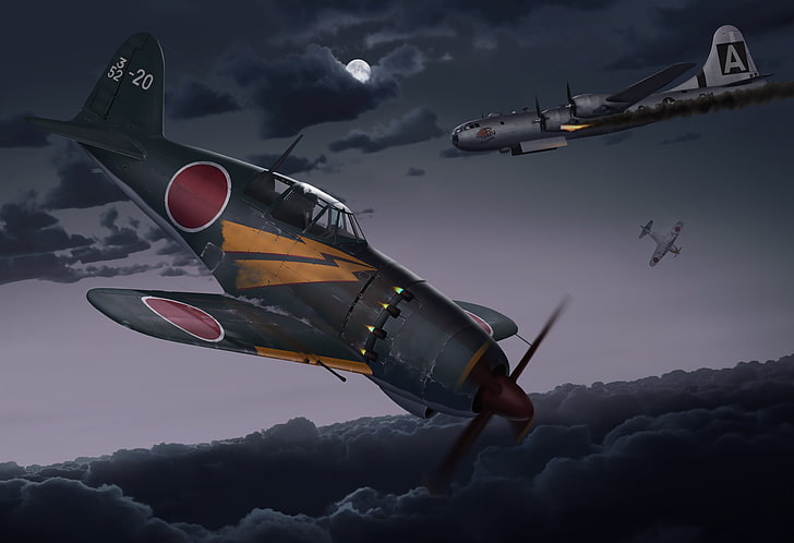 Ilustración japonesa del avión de combate de la Segunda Guerra Mundial, el cielo, las nubes, la noche, la figura, el arte, los combatientes, los estadounidenses, los aviones, los japoneses, alineados, estratégicos, la Segunda Guerra Mundial, bombardirovshik, Kawasaki, Ki-100, В-29 '' Superfortress, Fondo de pantalla HD