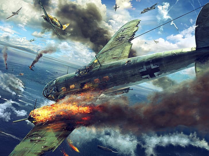 세계 대전, 전쟁, 제 2 차 세계 대전, 군, 군용 항공기, 항공기, 비행기, 마리화나 담배, 독일, 루프트 바페, 공군, 삽화, Boxart, Heinkel He 111, 불, HD 배경 화면