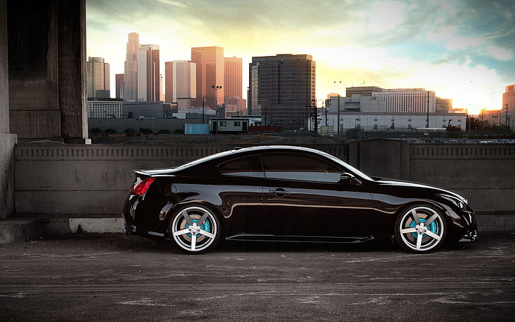 black coupe, car, vehicle, cityscape, HD wallpaper