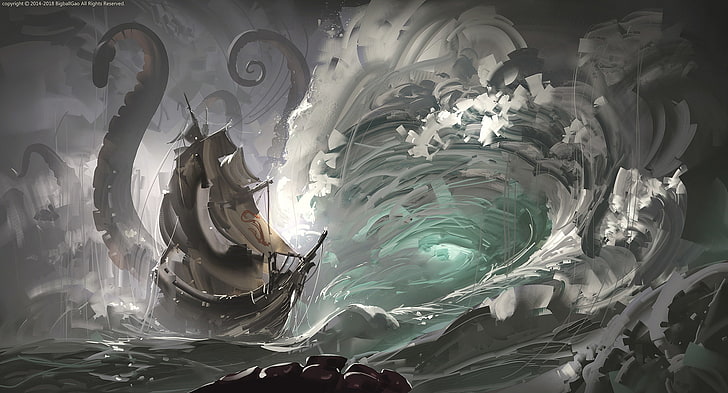 arte digitale, opera d'arte, Kraken, mare, nave, onde, tempesta, Sfondo HD