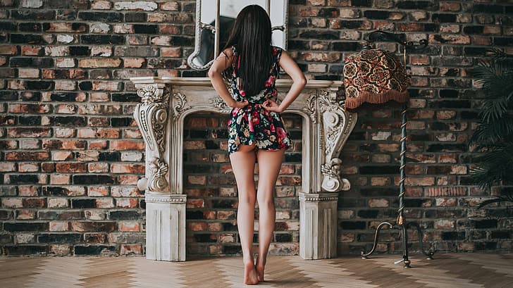 girl, pose, wall, dress, bricks, floor lamp, Anton Kharisov, HD wallpaper