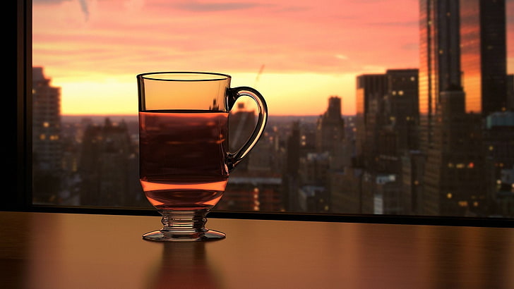 clear glass cup, tea, cityscape, sunset, HD wallpaper
