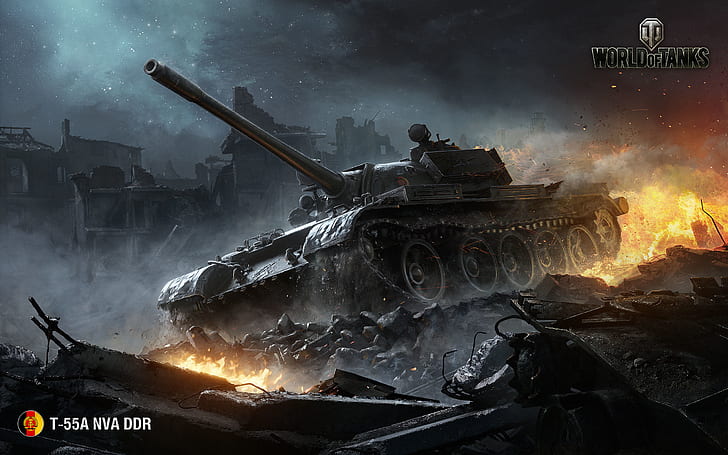 The sky, Clouds, Home, Stars, Smoke, Fire, Ruins, Iron, Trunk, The building, Sparks, Flame, Tank, WoT, World Of Tanks, The wreckage, Wargaming Net, Medium Tanks, Dust, LBZ, T-55A NVA DDR, HD wallpaper