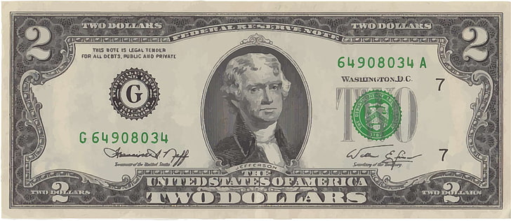 2, Америка, банкнота, законопроект, бизнес, пари в брой, отблизо, валута, долар, финанси, бащи-основатели, отпред, зелен, Джеферсън, пари, хартия, две, САЩ, бял, HD тапет