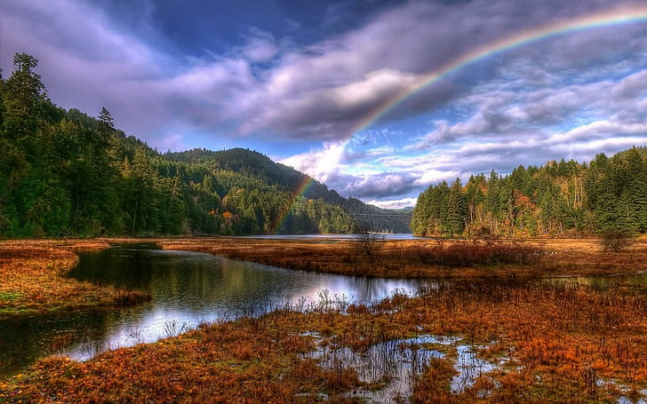 Amazing Rainbow Lscape Hdr, горы, лес, река, радуга, природа и пейзажи, HD обои