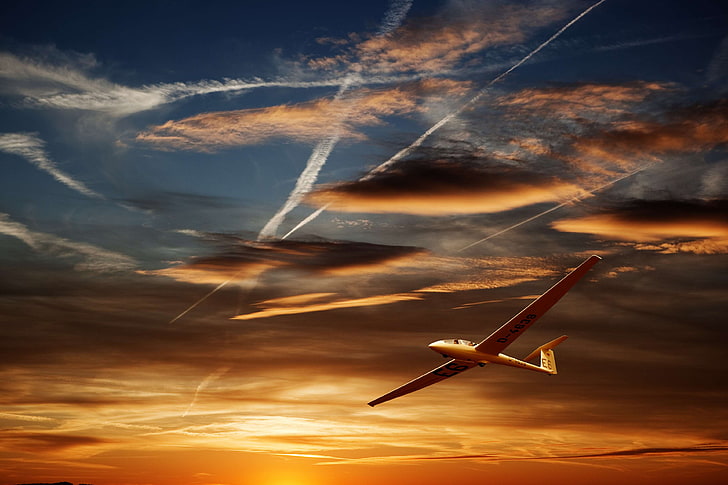 aircraft, airplane, clouds, dawn, dusk, flight, glider, plane, sky, sunrise, sunset, HD wallpaper