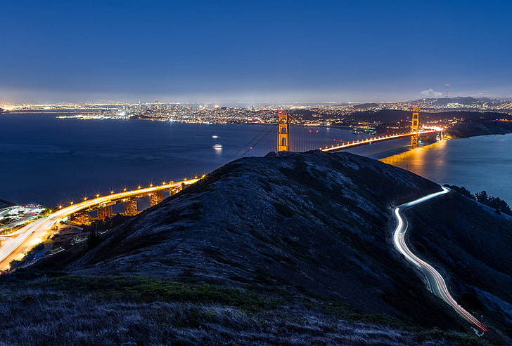 Golden Gate Bridge, night, bridge, view, CA, San Francisco, Golden Gate, USA, Golden Gate Bridge, California, HD wallpaper