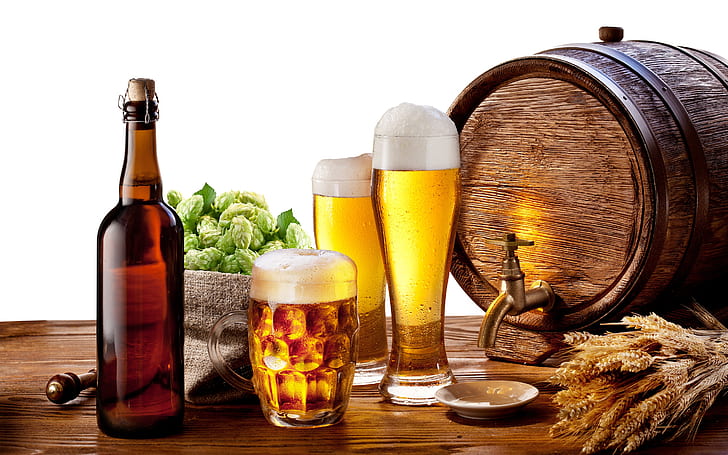 Beer Time, пивной бокал;коричневая деревянная бочка кувшин, стаканы, напитки, фон, HD обои