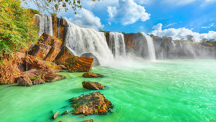 водопад, природа, вода, водоем, туристическа атракция, пейзаж, небе, водопад dray nur, dray nur, Виетнам, HD тапет