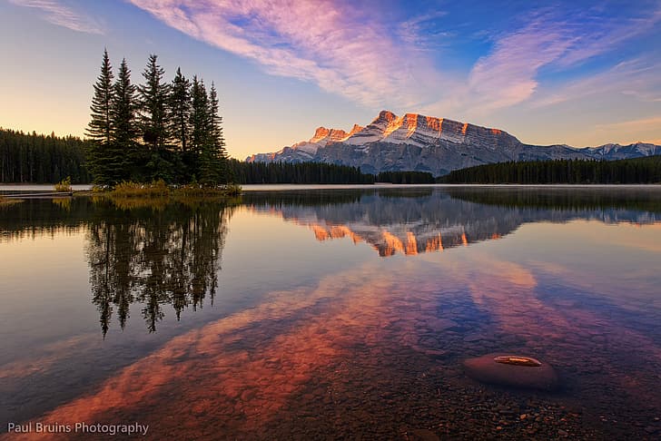 Kanada, Banff, Taman Nasional Banff, Gunung Rundle, pegunungan, lanskap, alam, pohon, danau, Alberta, air, refleksi, awan, Wallpaper HD