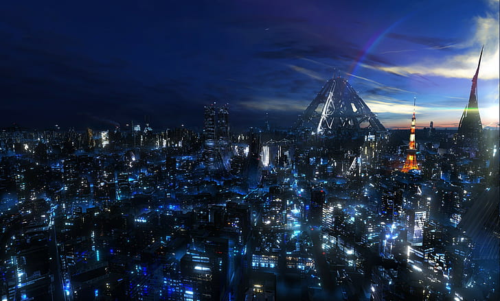 cityscape night guilty crown anime tokyo, HD wallpaper