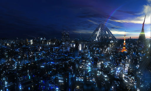городской пейзаж ночь виновного корона аниме токио, HD обои HD wallpaper