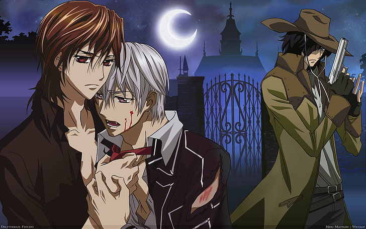 fondo de pantalla digital de tres hombres, minitokyo, vampiro, caballero, anime, noche, Fondo de pantalla HD