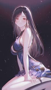 Anime Mädchen, große Brüste, schwarzes Haar, Kleid, Ohrring, Beine, HD-Hintergrundbild HD wallpaper