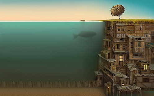 widok podzielony grafika drabiny do łodzi ogrodzenie budynek morski jacek yerka, Tapety HD HD wallpaper