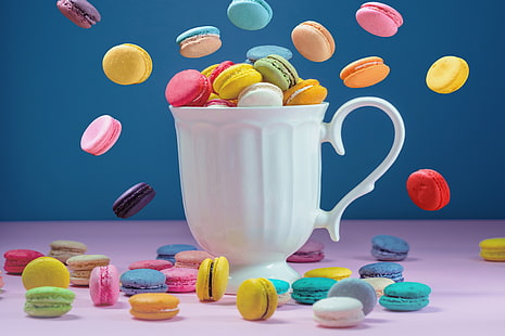 colorful, mug, dessert, pink, cakes, cup, sweet, coffee, macaroon, french, macaron, HD wallpaper HD wallpaper