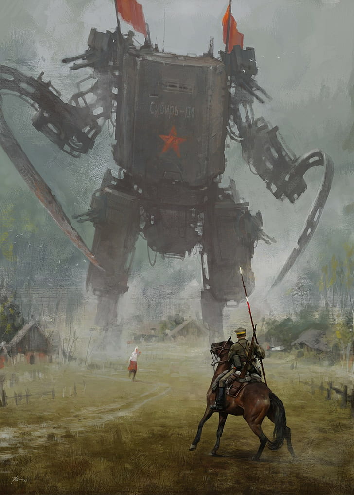 man riding horse fighting robot painting, science fiction, HD wallpaper