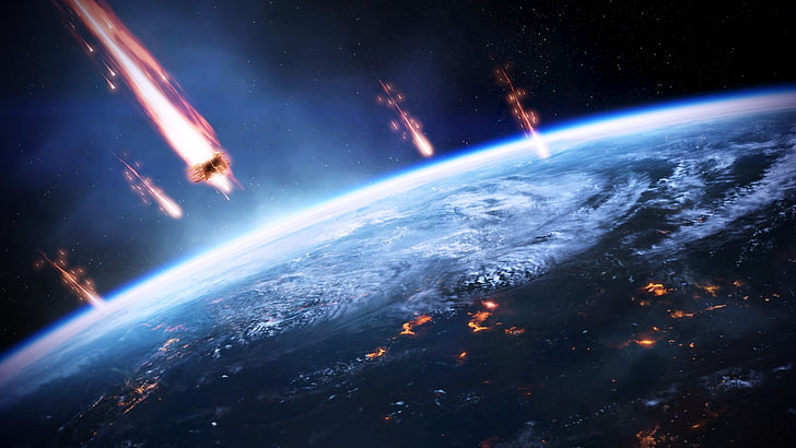 метеорные цифровые обои, Mass Effect, космос, Земля, метеоры, Mass Effect 3, видеоигры, HD обои