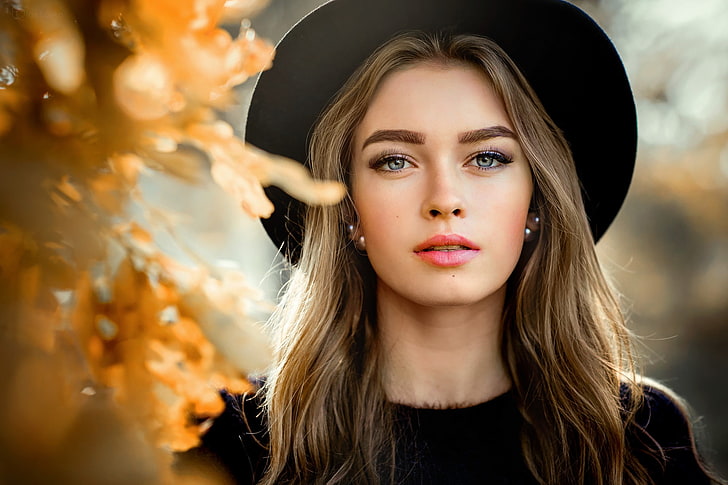 autumn, look, leaves, the sun, model, portrait, hat, makeup, hairstyle, brown hair, beauty, in black, bokeh, Bogdana, Olga Boyko, HD wallpaper