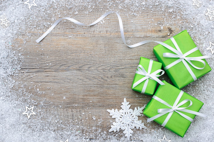 three green-and-white gift boxes, New Year, Christmas, gifts, HD wallpaper
