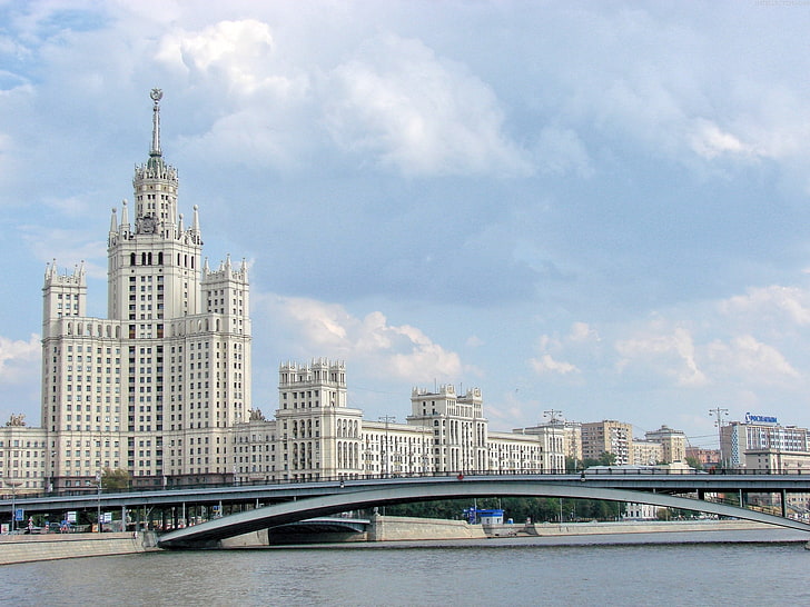 white concrete building, bridge, house, river, background, widescreen, Wallpaper, building, Moscow, Russia, skyscraper, capital, full screen, HD wallpapers, fullscreen, The Ministry of foreign Affairs, HD wallpaper