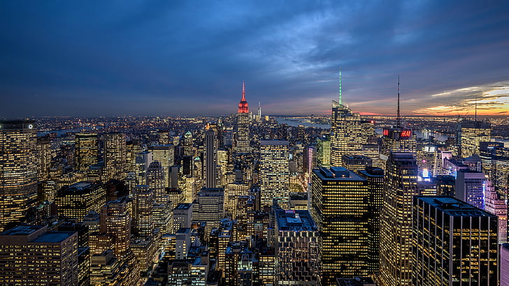horison, nyc, new york, new york city, manhattan, manhattan tengah kota, pusat kota, senja, blok menara, amerika serikat, gedung pencakar langit, metropolis, langit, kaki langit, lampu-lampu kota, Cityscape, Wallpaper HD