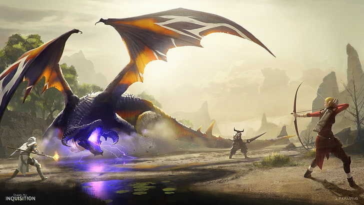 black dragon illustration, dragon, warrior, Archer, MAG, battle, Dragon Age: Inquisition, Gamoran Stormrider, Kunar, HD wallpaper
