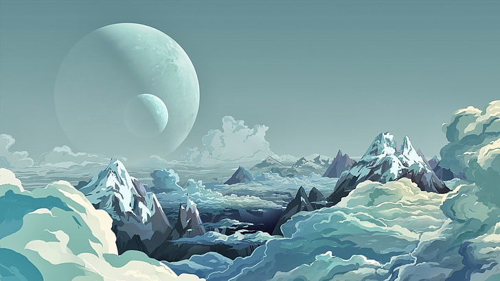snötäckt berg med hav av moln illustration, fantasikonst, rymdkonst, planet, HD tapet