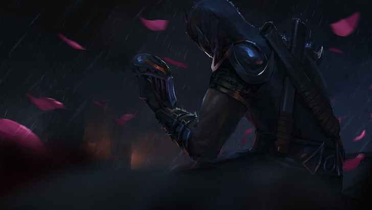 Schwarzer Ninja mit schwarzer Maske als digitales Hintergrundbild, League of Legends, Shen (Liga der Legenden), Zed (Liga der Legenden), Maske, Rose, HD-Hintergrundbild