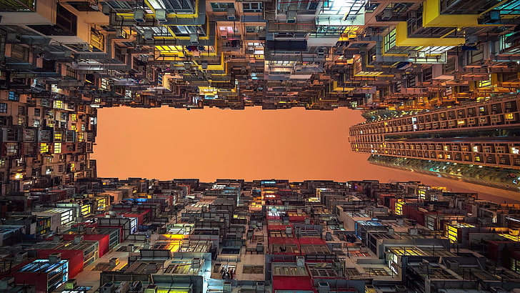 paesaggio urbano, fotografia, angolo basso, cielo, palazzone, costruzione, grattacielo, centro, notte, città, crepuscolo, sera, Asia, Cina, Kowloon, Hong Kong, Hong Kong, Sfondo HD