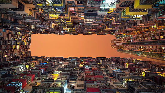 paesaggio urbano, fotografia, angolo basso, cielo, palazzone, costruzione, grattacielo, centro, notte, città, crepuscolo, sera, Asia, Cina, Kowloon, Hong Kong, Hong Kong, Sfondo HD HD wallpaper