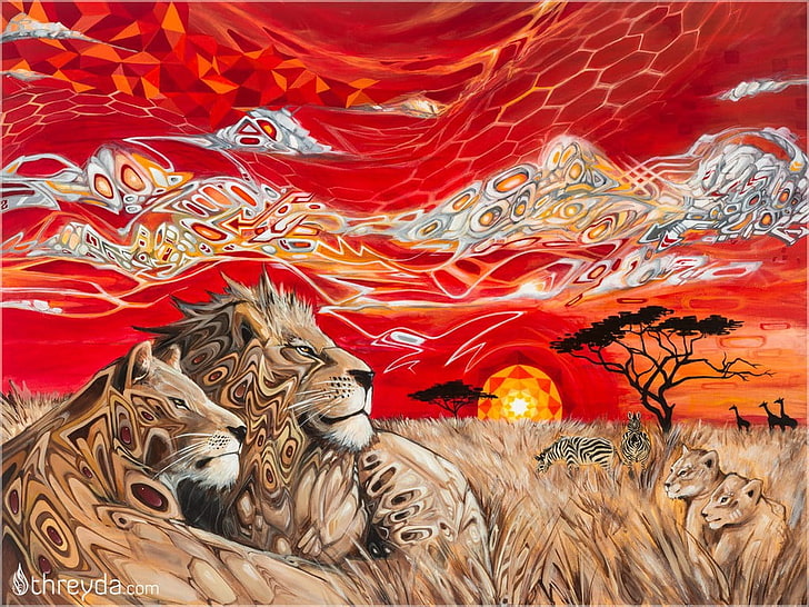 czerwono-biała tkanina w kwiaty, abstrakcja, lew, Afryka, dzieła sztuki, zwierzęta, Tapety HD