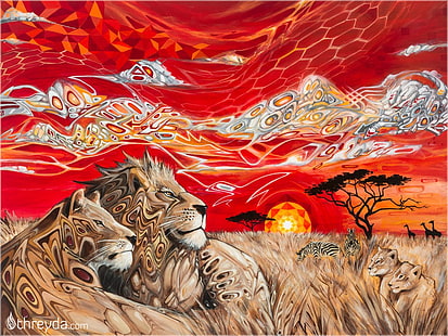 สิ่งทอลายดอกไม้สีแดงและสีขาวนามธรรมสิงโตแอฟริกางานศิลปะสัตว์, วอลล์เปเปอร์ HD HD wallpaper