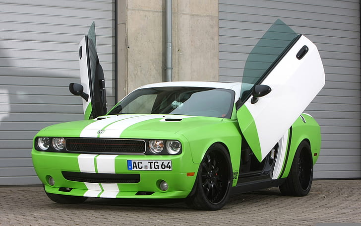 tuning, door, Dodge, green, Challenger, rear view, Muscle car, chelenzher, Wrapped, CCG Automotive, SRT-8, HD wallpaper