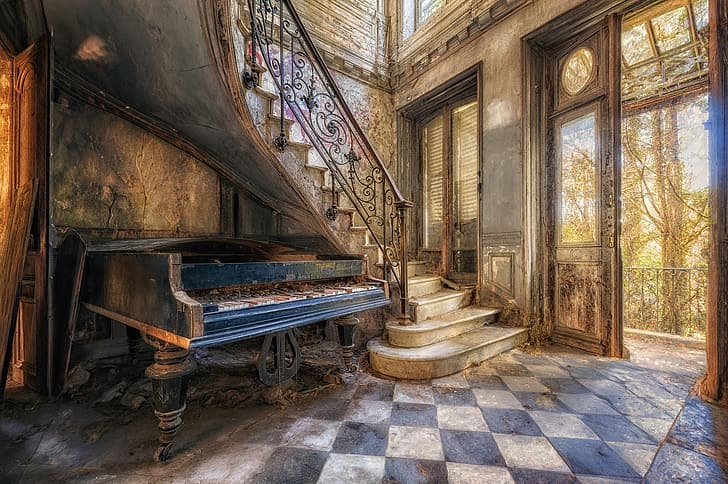 lobby, hallway, abandoned, architecture, Art Nouveau, piano, HDR, stairs, HD wallpaper