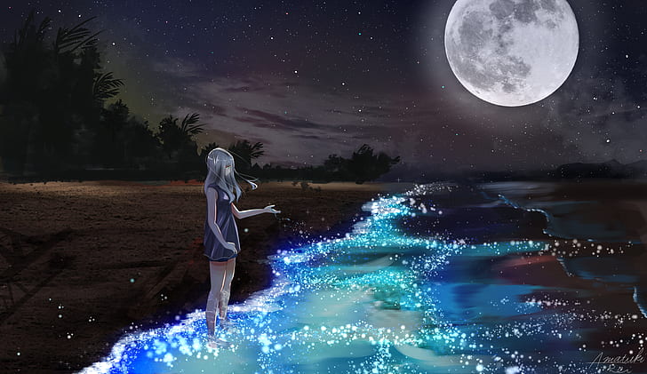 digital art, anime, landscape, sea, Moon, shore, fantasy art, HD wallpaper