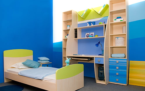 коричневая деревянная каркас кровати, детская комната, кровать, шкаф, стол, стиль, модерн, HD обои HD wallpaper