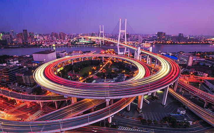 мост, огни, река, дома, вечер, Китай, Шанхай, Хуанпу, Мост Наньпу, HD обои