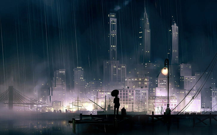 비오는 항구, 엠파이어 스테이트 빌딩 뉴욕, 애니메이션, 1920x1200, 비, 도시.항구, HD 배경 화면