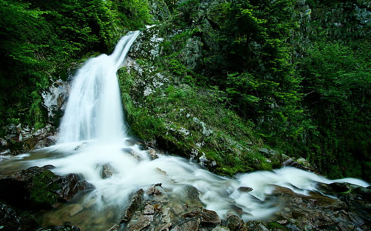 Aliran Indah Air Terjun, gunung, hutan, aliran, hijau, air terjun, batu, 3d dan abstrak, Wallpaper HD