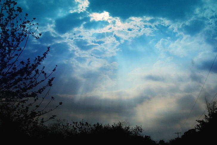 angel, blue, blue sky, cloud, morning sun, sun rays, trees, HD wallpaper