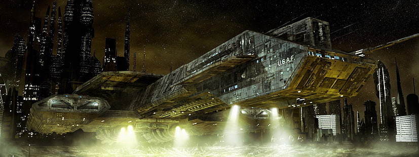 серые космические корабли цифровые обои Stargate Atlantis, HD обои HD wallpaper