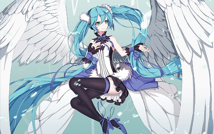 Hatsune Miku, wings, twintails, angel, Vocaloid, HD wallpaper