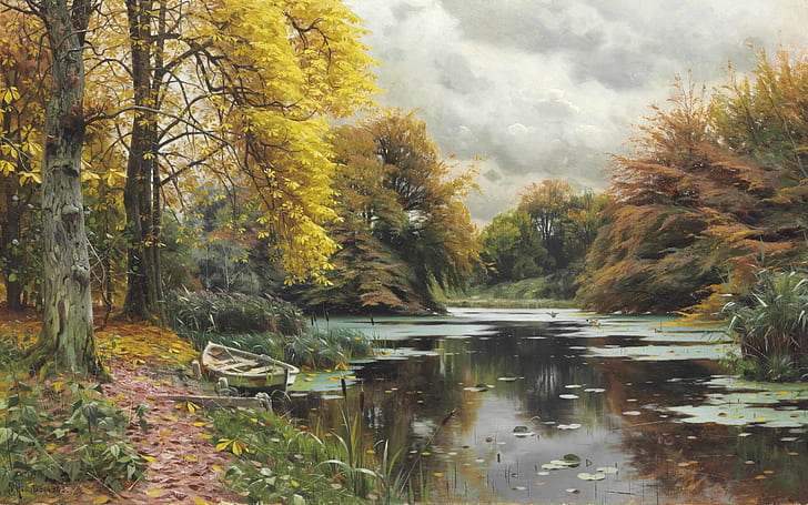 Pintor danés, 1903, Peter Merk de Menstad, Peder Mørk Mønsted, pintor realista danés, Paisaje del río, Fondo de pantalla HD
