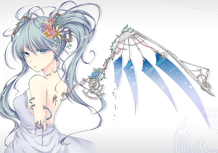 Hatsune Miku, hatsune miku, girl, blue eyes, two tails, flower, wire robot, mechanical wings, HD wallpaper