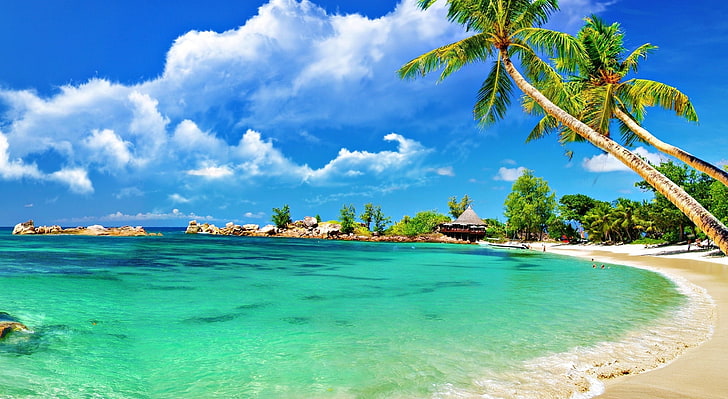 Страхотен тропически плаж HD тапет, морски бряг, сезони, лято, океан, пътуване, плаж, вода, тропически, лятно време, HD тапет