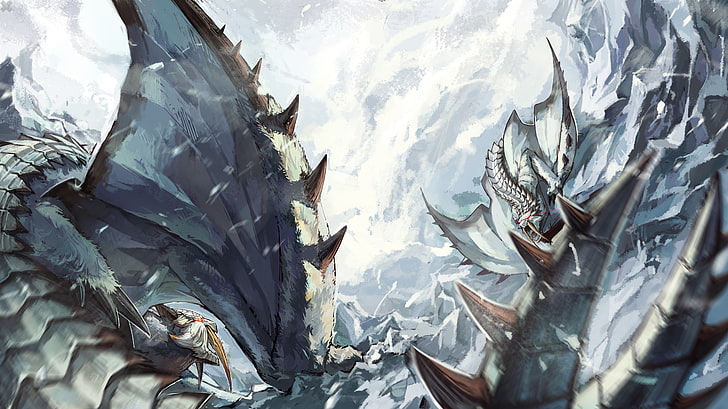 illustration de dragon bleu, art fantastique, dragon, chasseur de monstres, Barioth, Fond d'écran HD