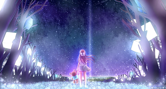 Rin (Tierheim), blauer Hintergrund, Anime-Mädchen, Tierheimvideo, Teddybären, Anime, rosa Haare, weißes Kleid, Nacht, Haarband, HD-Hintergrundbild HD wallpaper